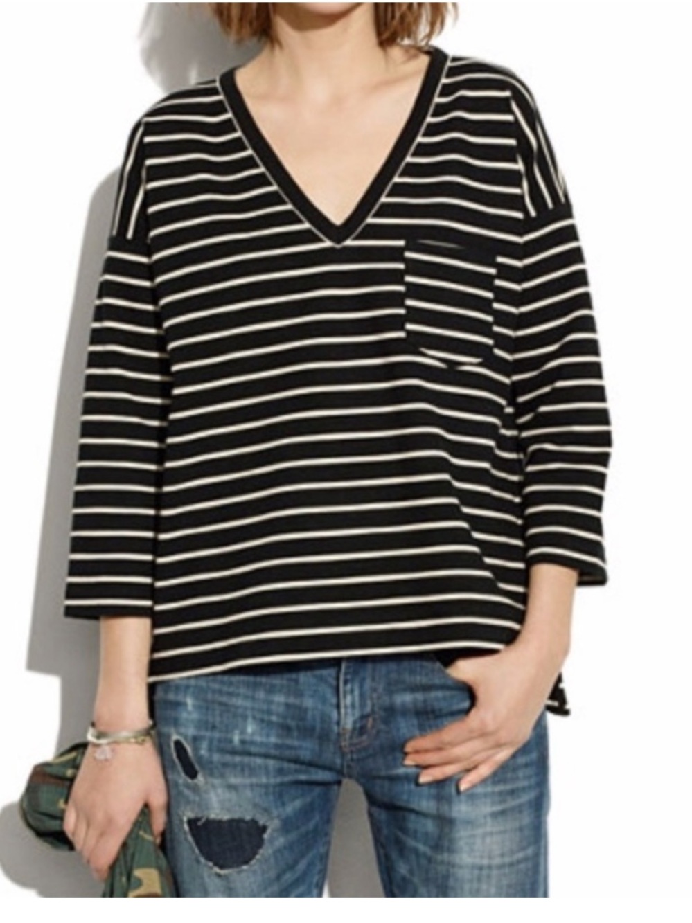 Madewell Black & White Striped V-Neck Pocket Tee